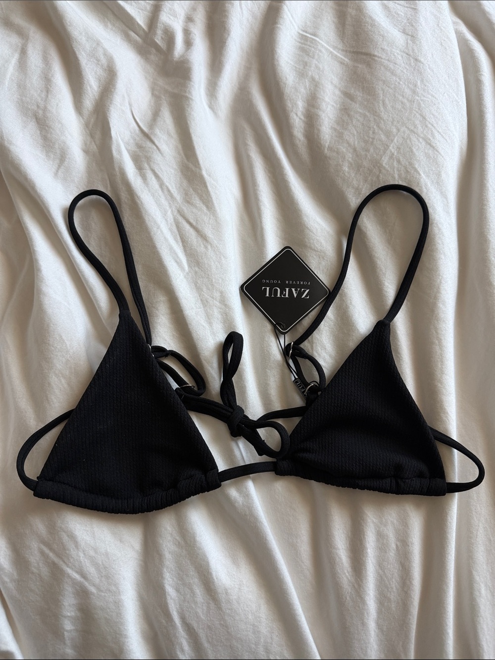 Zaful Black Ribbed Triangle Swim Top